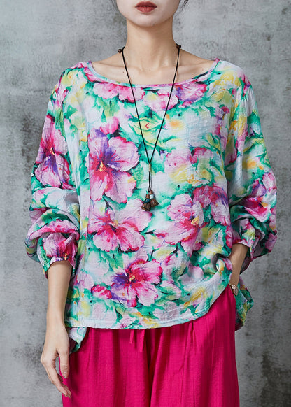 Pink O-neck Print Linen Blouses Summer