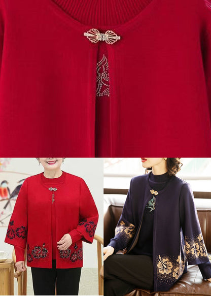 Dark Purple Print Cotton Knit Cardigans and Sweaters Two Pieces Set Three Quarter Sleeve
