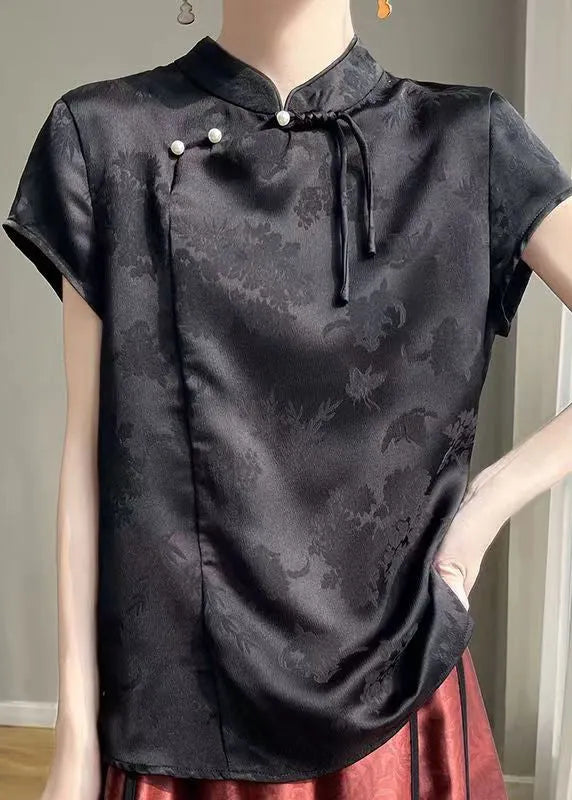 Chinese Style Black Button Silk Top Short Sleeve