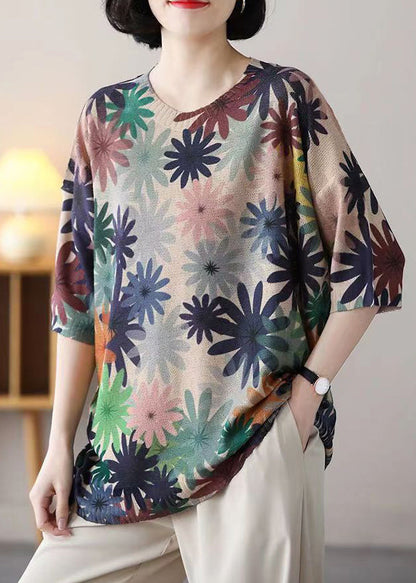 O Neck Print Patchwork Cozy Cotton Knit Top Half Sleeve