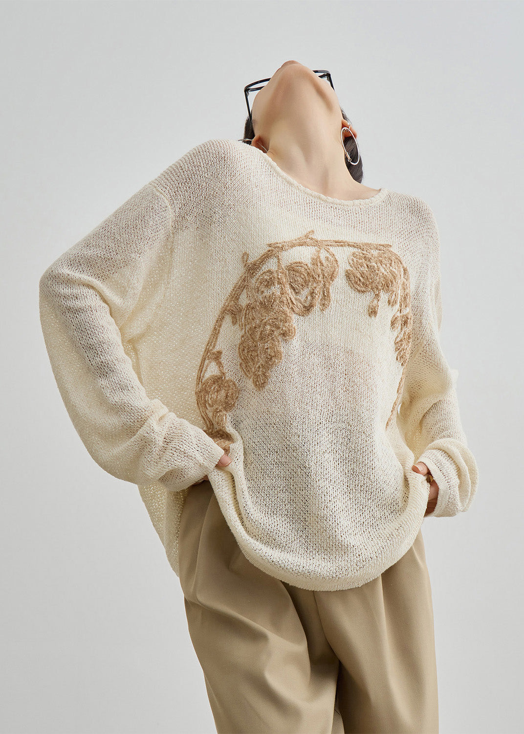 Apricot O Neck Embroidered Knit Top Fall
