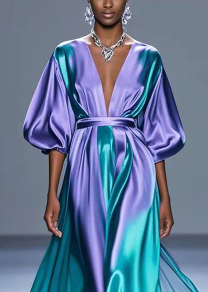Gradient Purple V Neck Tie Dye Silk Long Dress Fall