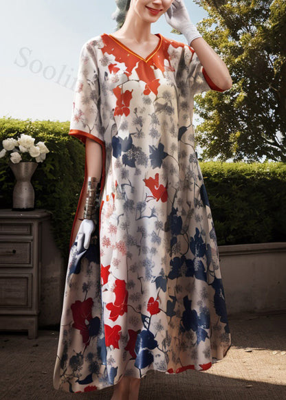 Organic V Neck Print Silk Dress Summer