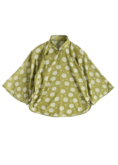 Chinese Style Yellow Green Jacquard Stand Collar Silk Top Three Quarter Sleeve