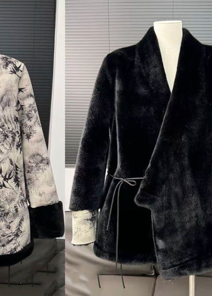 Style Black V Neck Tie Waist Patchwork Leather and Fur Coats Winter