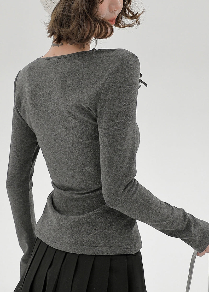 Grey U Neck Lace Patchwork Cotton Shirts Spring