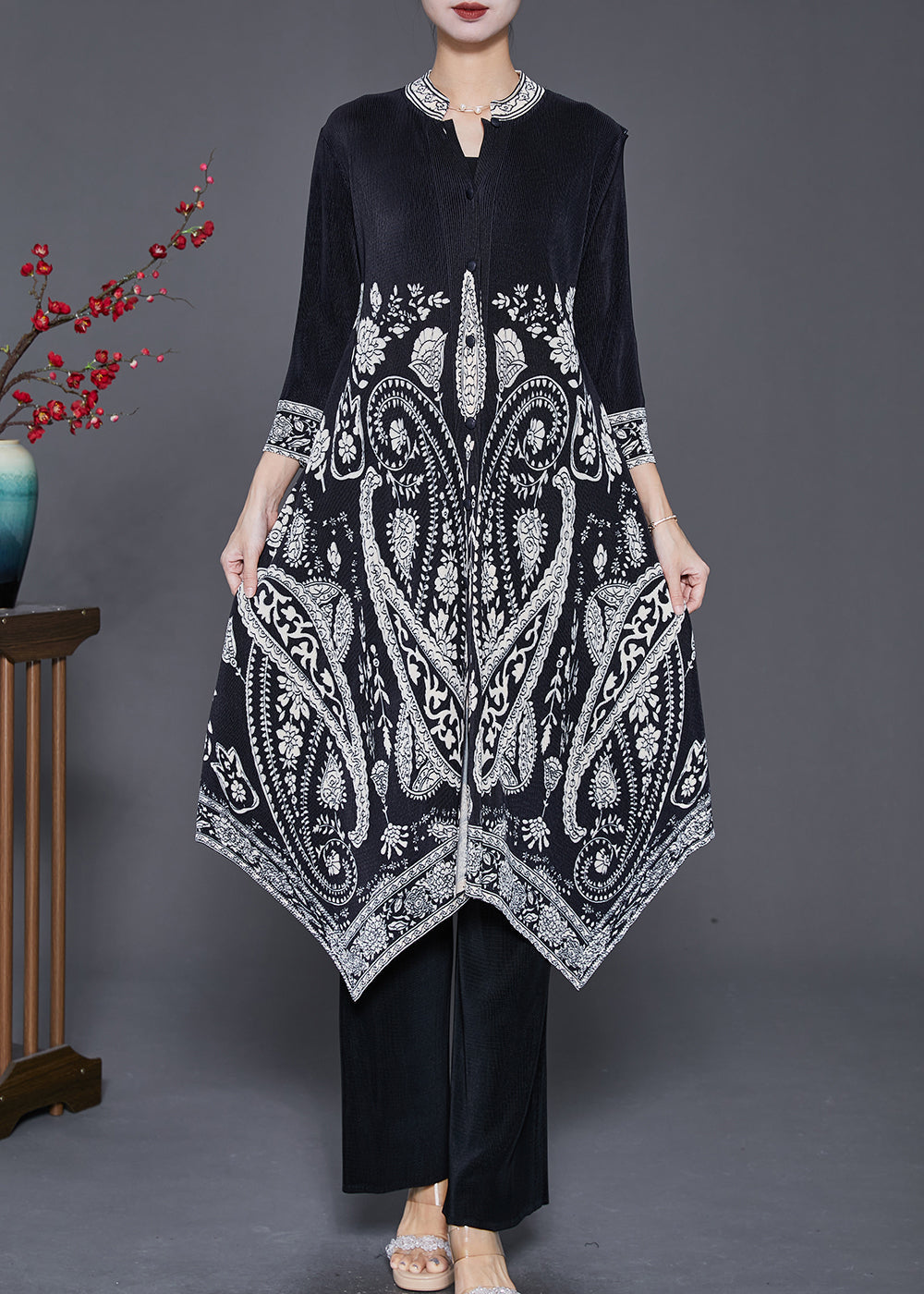 Black Print Silk Dress and Pant Two Piece Set Outfits Asymmetrical Fall