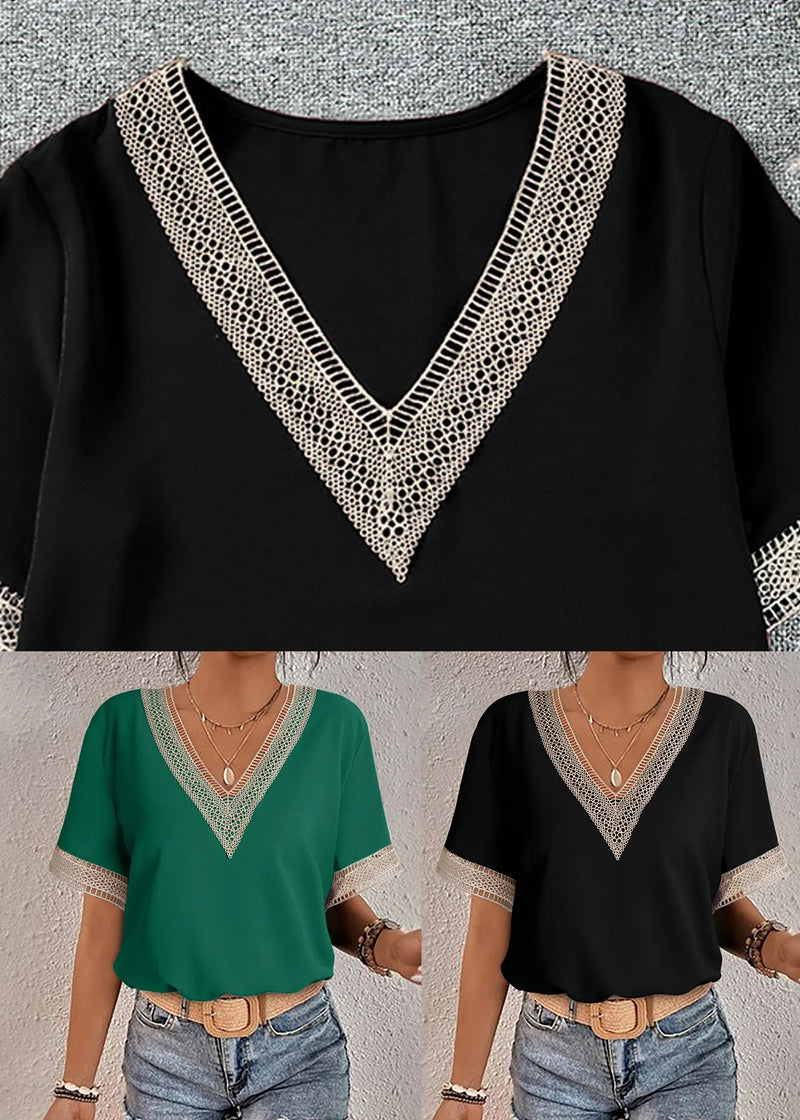 French Black Lace Patchwork T Shirts Summer