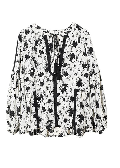 Black White Colour V Neck Print Lace Patchwork Chiffon Shirts Long Sleeve