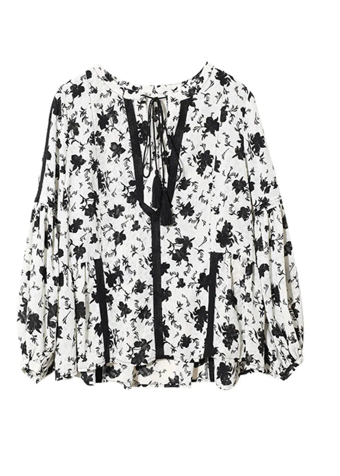 Black White Colour V Neck Print Lace Patchwork Chiffon Shirts Long Sleeve