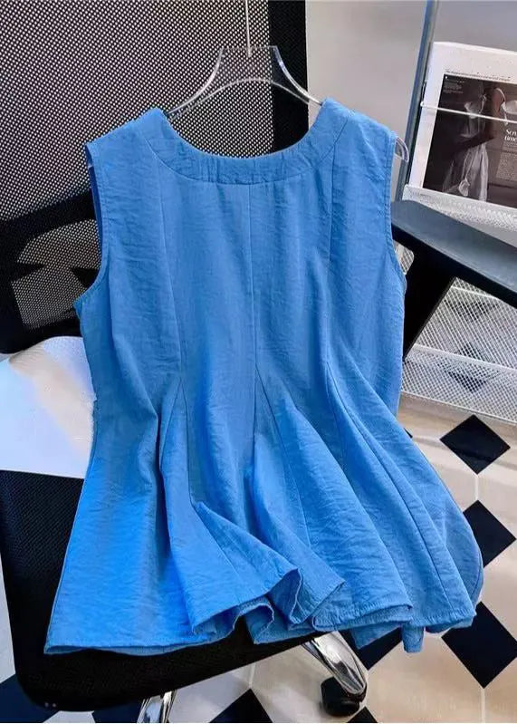 Simple Blue V Neck Bow Cotton Tank Sleeveless