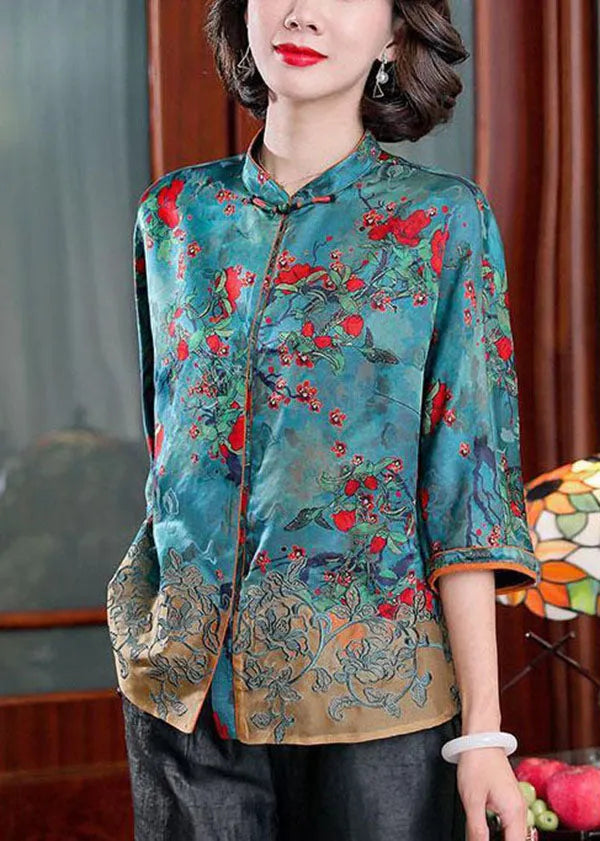 Fitted Dark Green Stand Collar Print Silk Shirt Tops Half Sleeve