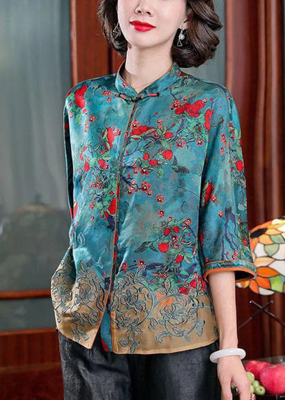 Fitted Dark Green Stand Collar Print Silk Shirt Tops Half Sleeve