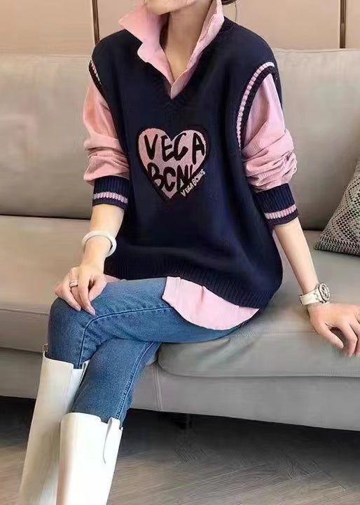 Modern Pink Shirts and Navy Vest Knit Two Pieces Set Fall