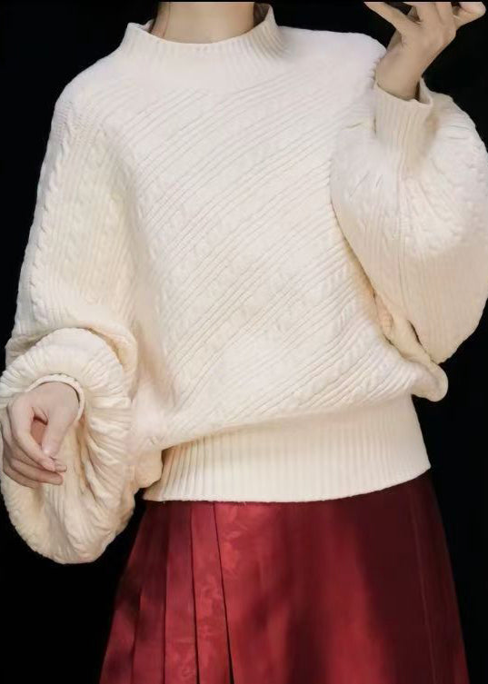 Simple Green Turtleneck Cable Knit Sweaters Lantern Sleeve