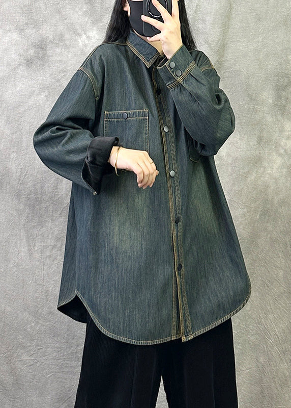 Original New Grey Blue Denim Shirt Top Spring