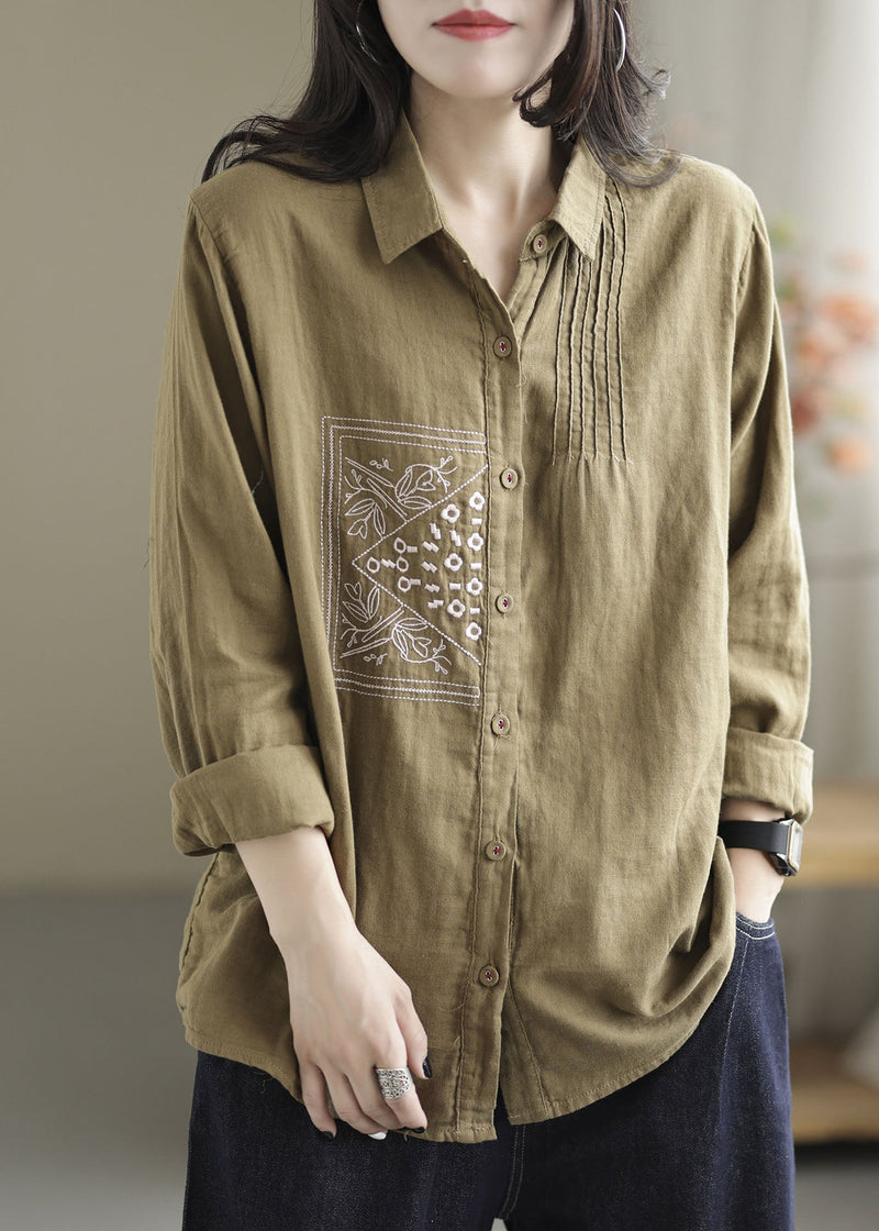 Khaki Lapel Embroideried Wrinkled Linen Shirt Tops Spring