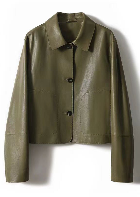 Green Peter Pan Collar Pockets Patchwork Sheepskin Coats Fall