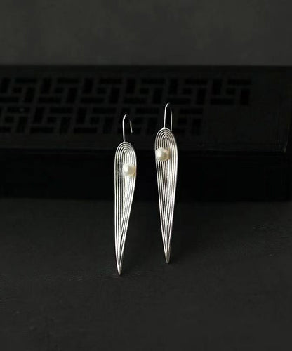 Silk Sterling Silver Pearl Bamboo Leaf Drop Earrings