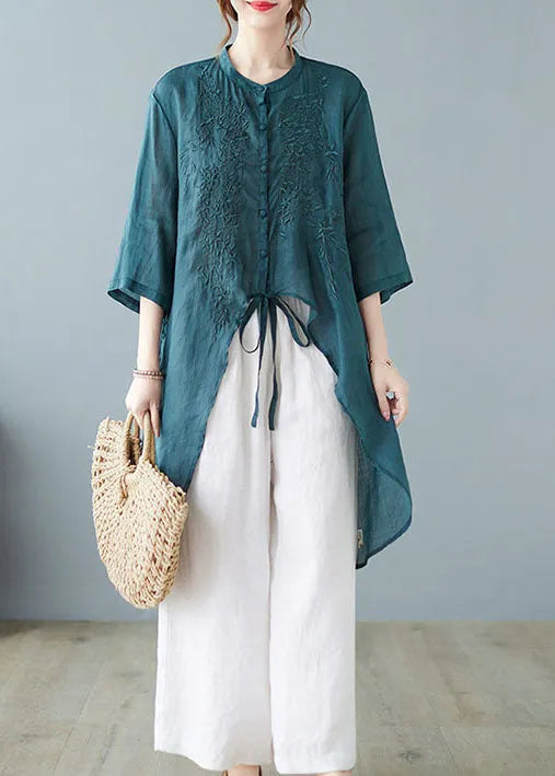 Italian Green Asymmetrical Tie Waist Linen Shirts Half Sleeve