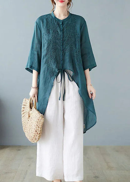 Italian Green Asymmetrical Tie Waist Linen Shirts Half Sleeve