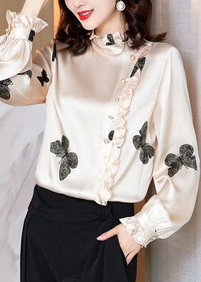 Classy Apricot Stand Collar Button Ruffled Print Silk Top Spring