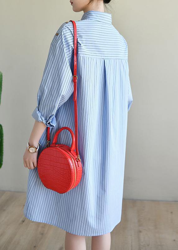 Blue Striped Cotton Long Sleeve Spring Dresses