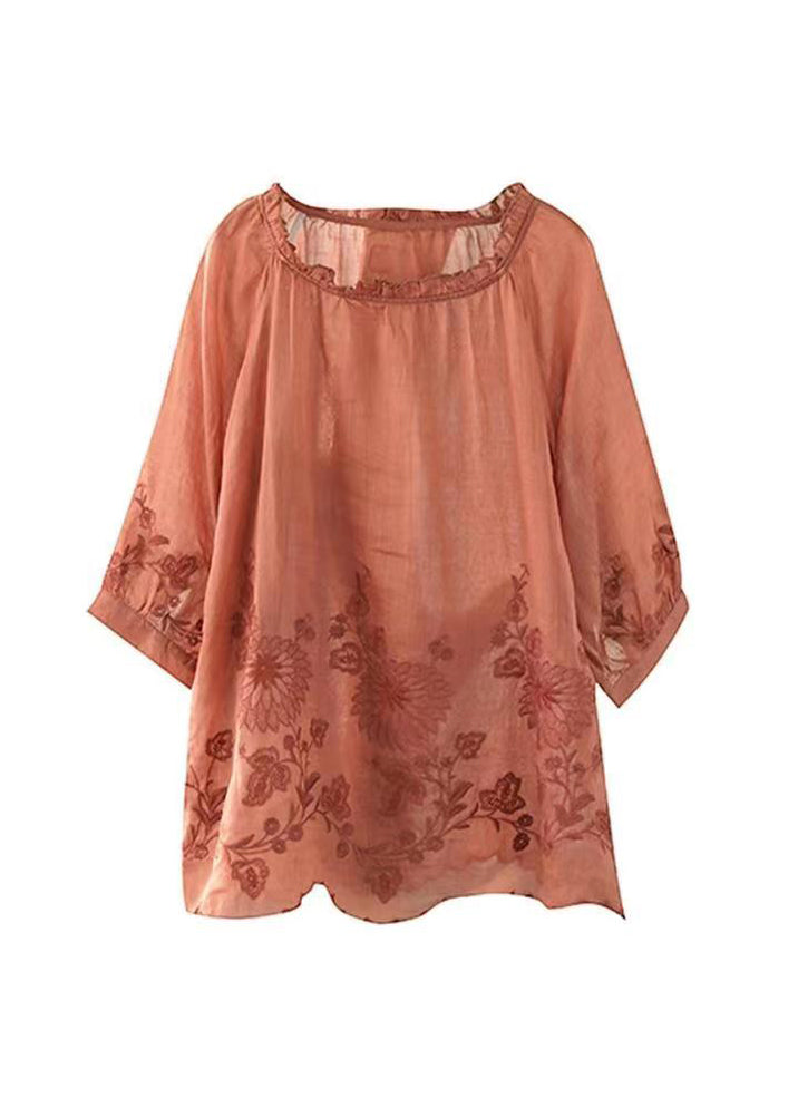 Orange Ruffled Embroideried Linen T Shirt Summer