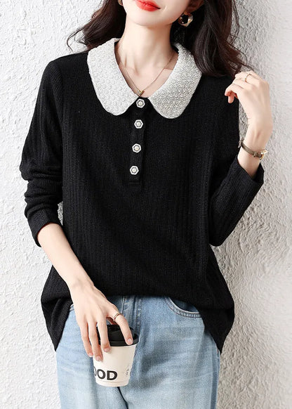 Handmade Black Peter Pan Collar Nail Bead Cotton Blouses Fall