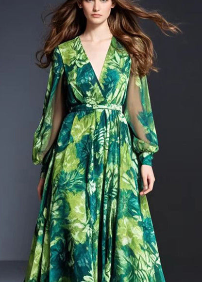 Green V Neck Print Chiffon Dresses Spring
