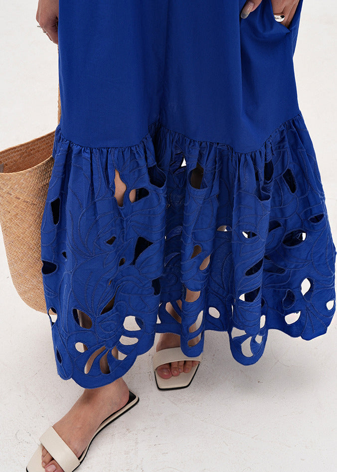 Art Blue Embroidered Hollow Out Cotton Maxi Dress Half Sleeve Fall