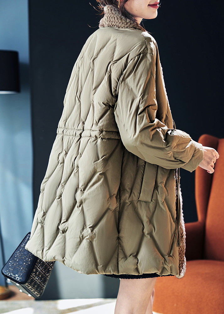 Green Chinese Button Patchwork Duck Down Puffers Jackets Winter