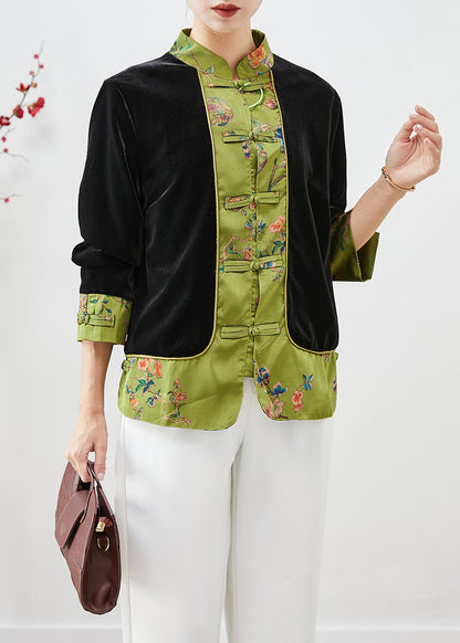 Black Mandarin Collar Patchwork Silk Velour Fake Two Piece Coats Fall