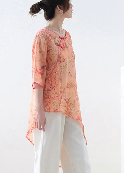 Orange Red O-neck Print Linen Shirt Top Half Sleeve