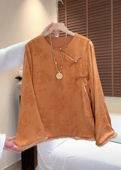 Chinese Style Orange O-neck Mink Hair Patchwork Shirt Fall