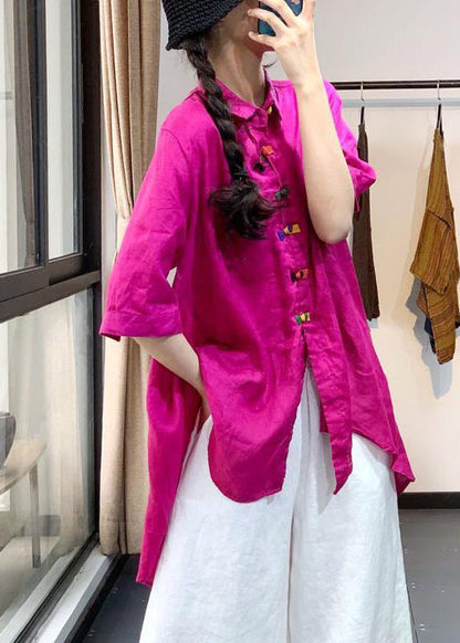 Red Chinese Button Low High Design Linen Shirt Tops Summer