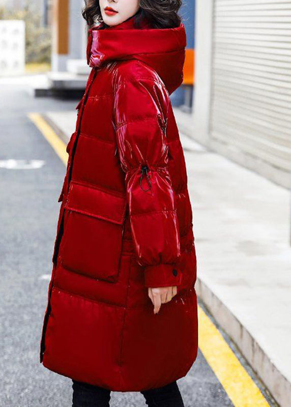 Red Stand Collar Zippered Patchwork Bright Hooded Long Fine Cotton Filled Coats Winter