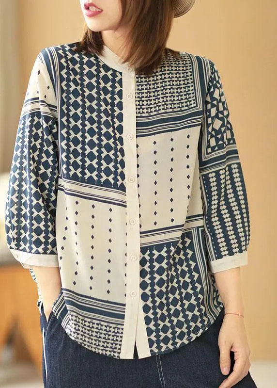 Apricot O-neck Print Button Fall Blouses Three Quarter Sleeve