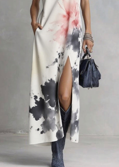 White V Neck Tie Dye Maxi Dresses Sleeveless