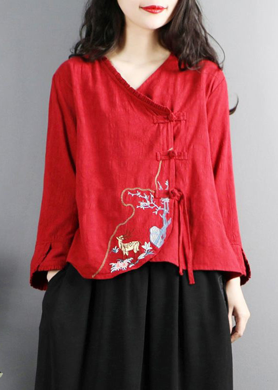 Red Embroidered Button Cotton Shirt Long Sleeve