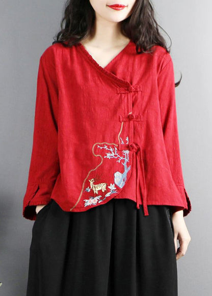 Red Embroidered Button Cotton Shirt Long Sleeve