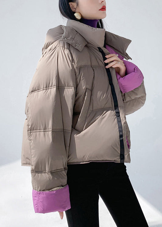 Stylish Grey Hooded Pockets Wear on Both Sides Duck Down Short Coat Winter