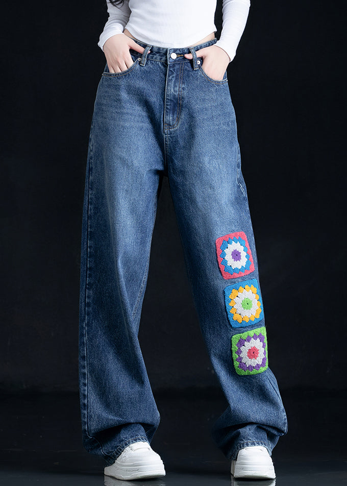 Blue Embroidered Pockets Denim Straight Pants Fall