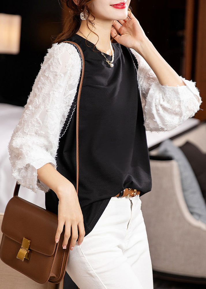 Black O Neck Patchwork Cotton Blouse Top Fall