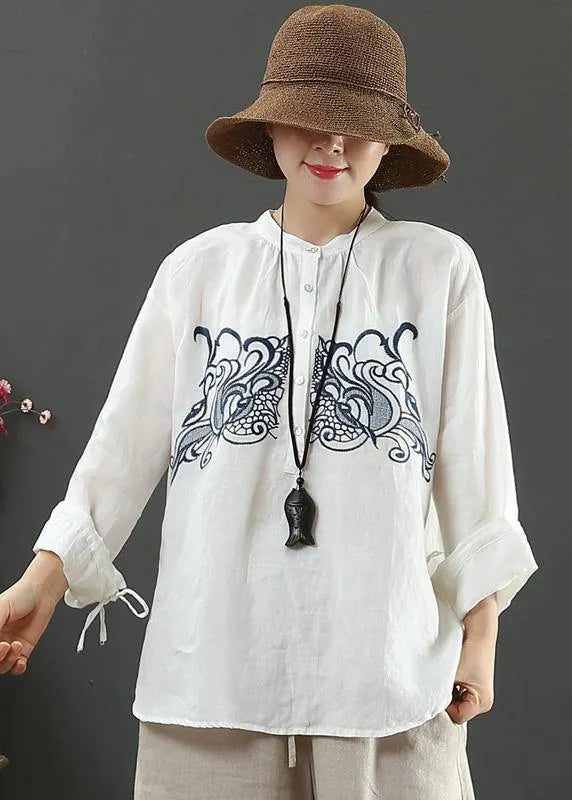 Art White Embroidery Tops Stand Collar Daily Spring Top