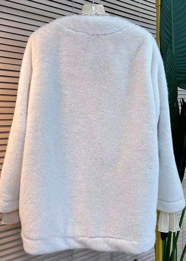 Stylish White V Neck Tasseled Decorated Faux Fur Jacket Winter