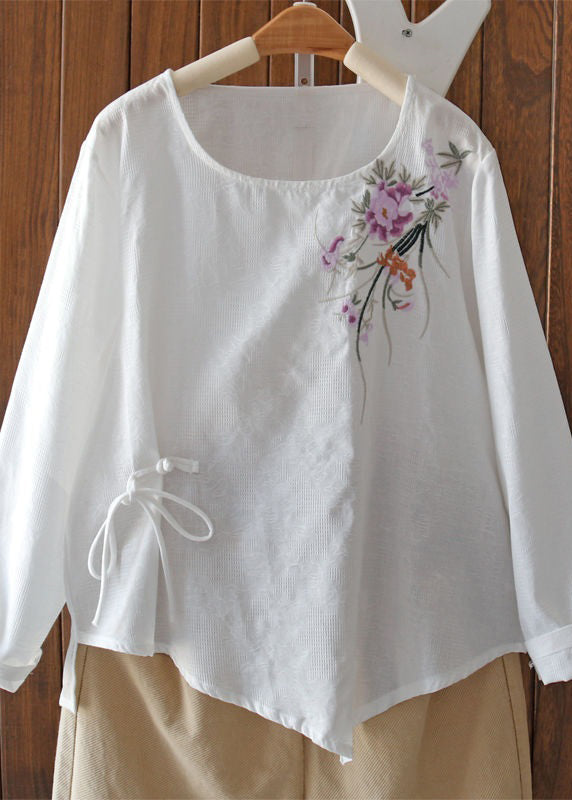 Purple Embroidered Lace Up Cotton Blouses Long Sleeve