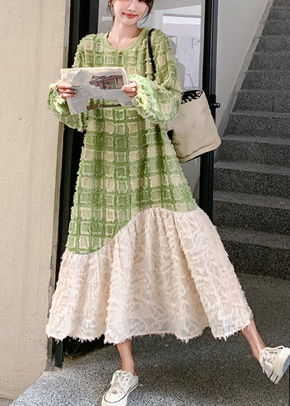 Stylish Green O-neck Plaid Patchwork Long Dress Spring