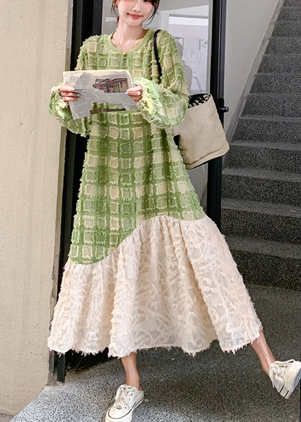 Stylish Green O-neck Plaid Patchwork Long Dress Spring