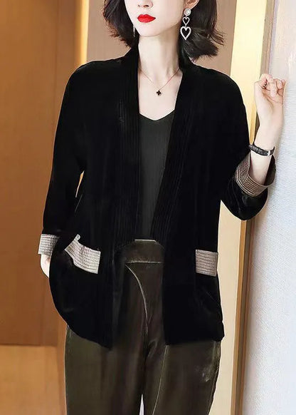 Loose Black V-neck Pockets Patchwork Silk Velour Cardigans Bracelet Sleeve